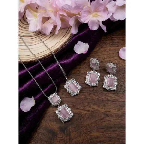 Women's Brass Silver Plated Pendant Set (Pink)