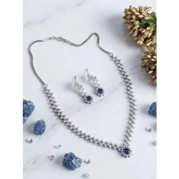 Women's Brass Silver Plated Necklace set (Blue)