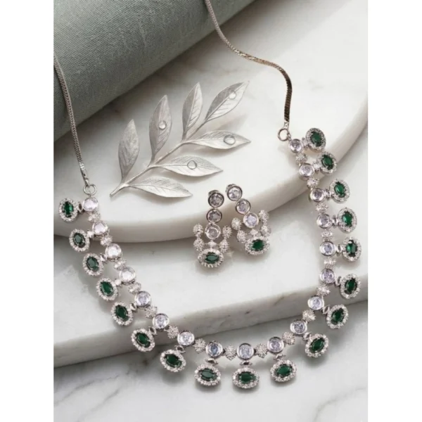 Women's Brass Silver Plated Necklace set (Green)
