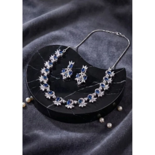 Women's Brass Silver Plated Necklace set (Blue)