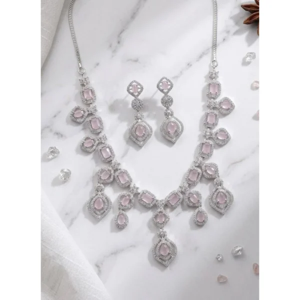 Women's Brass Silver Plated Necklace set (Pink)