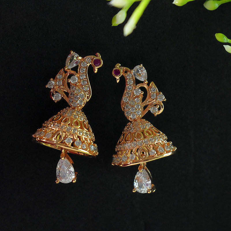 Peacock Design CZ Stone Jhumka Earrings – Elegant... - Image 2