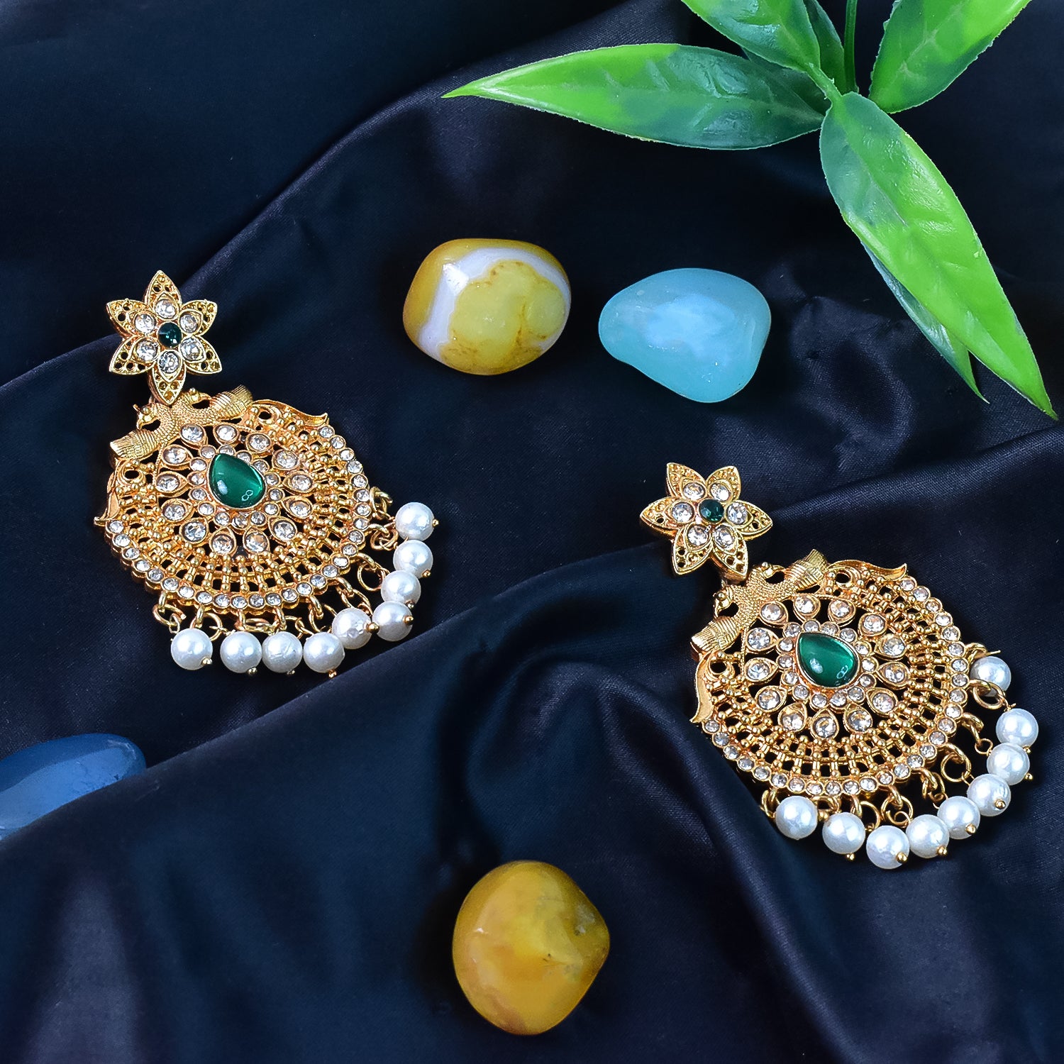 Peacock Design American Diamond Pearl Earrings – Elegant... - Image 2