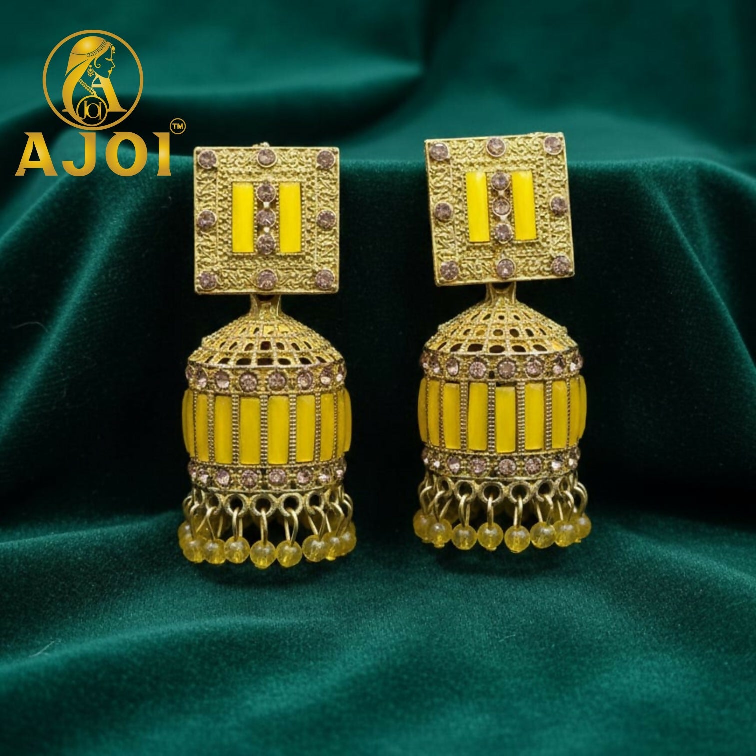 Mustard Yellow Designer Jhumka Earrings – Elegant Stone...