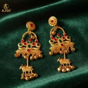 Antique Gold-Plated Tribal Drop Earrings With Red Green...