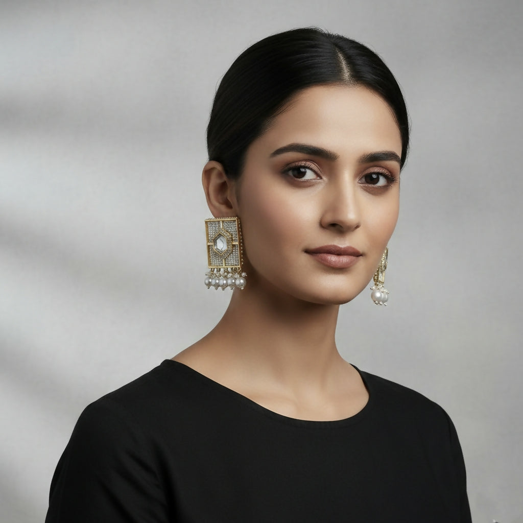 Kundan Jhumka Earrings – Traditional Silver-Toned Pearl E... - Image 2