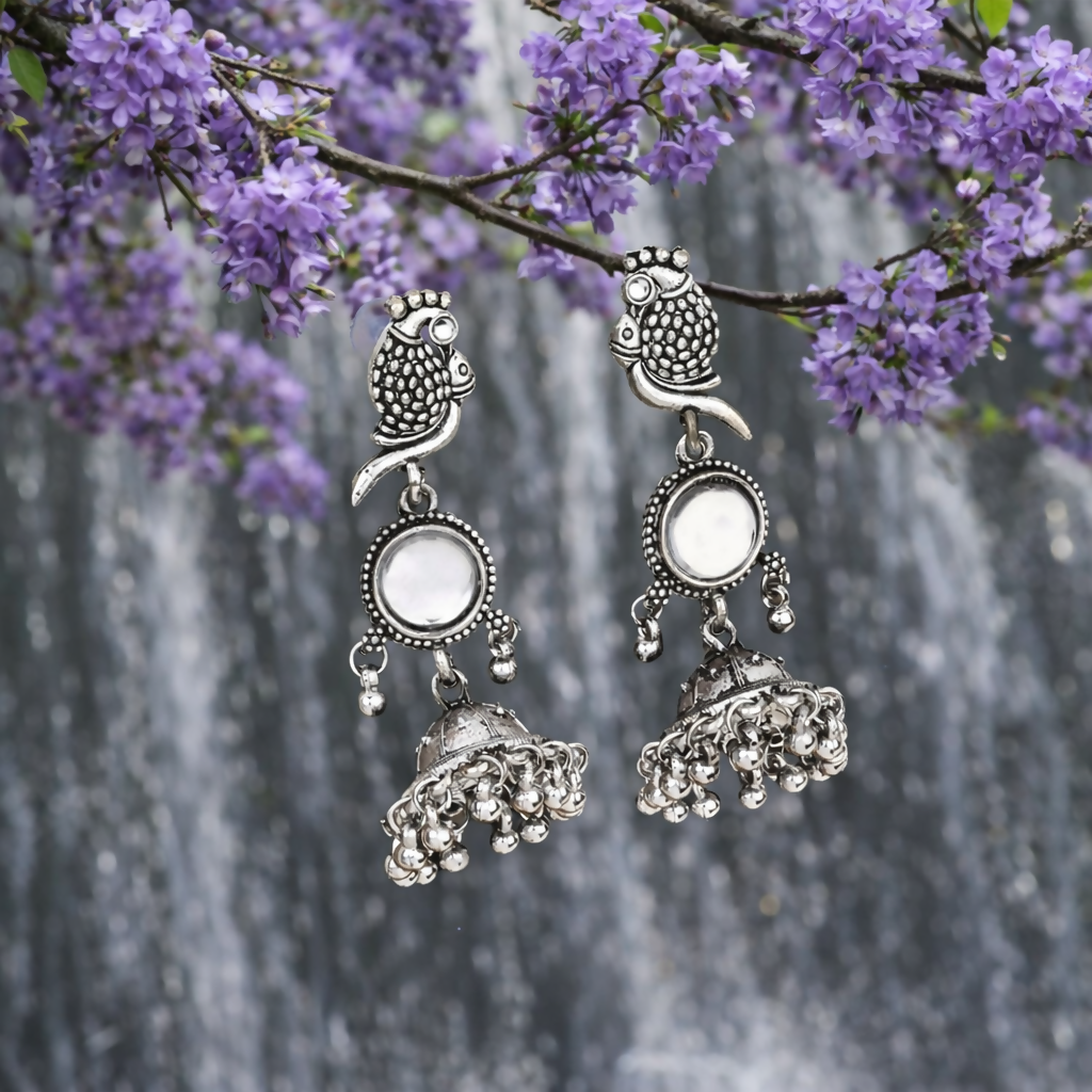 Peacock Jhumka Earrings – Oxidised Silver with Parrot... - Image 2