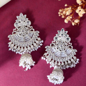 Kundan Jhumka Earrings – Silver-Toned Pearl Traditional C...