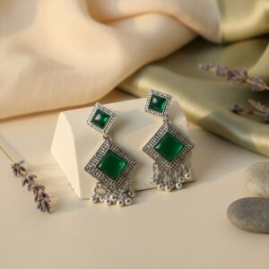 Oxidised Indian Earrings – Traditional Dangler with Green...