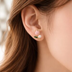 Pink Tulip Pearl Earrings – Elegant Gold Plated...