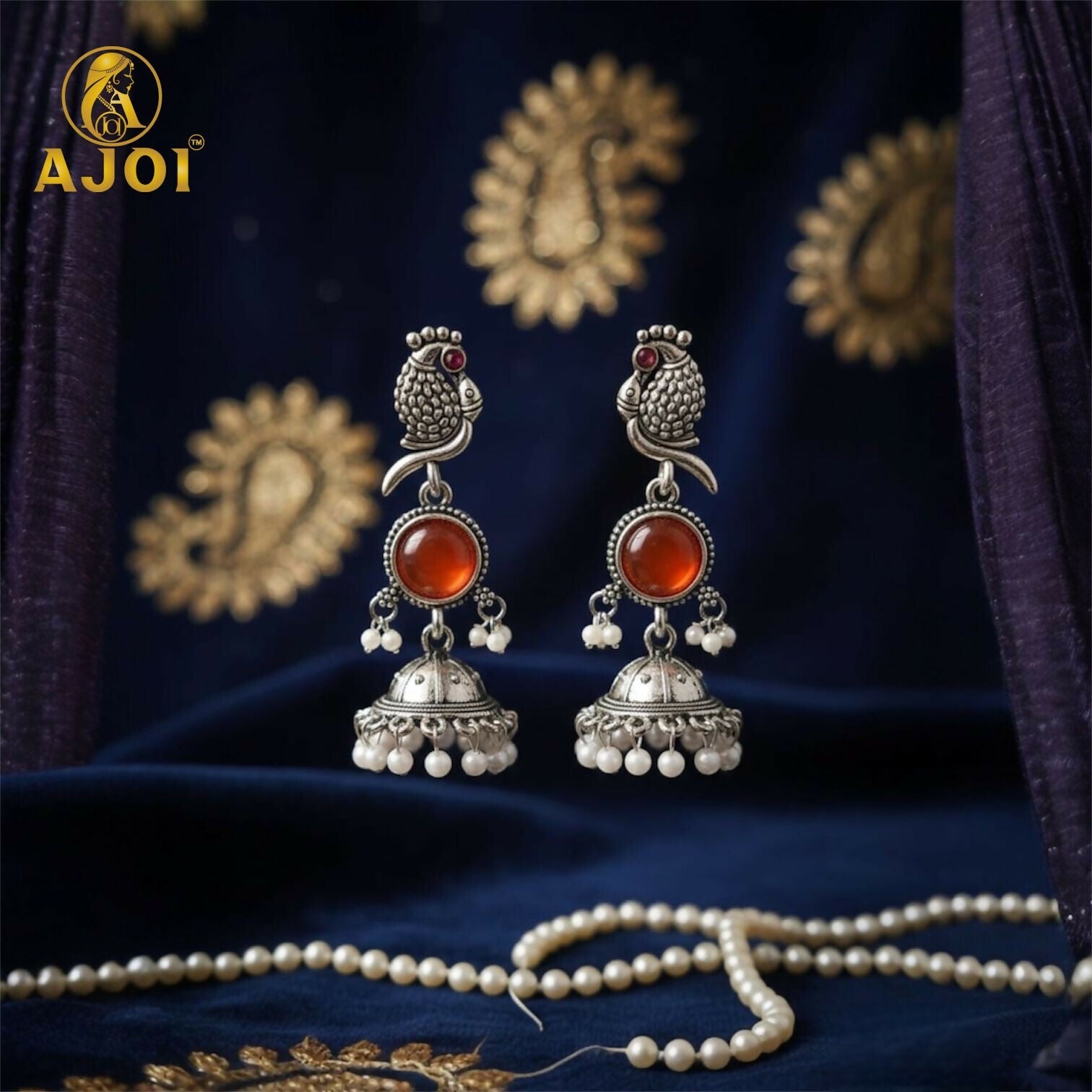 Peacock Jhumka Earrings – Antique Silver with Red...