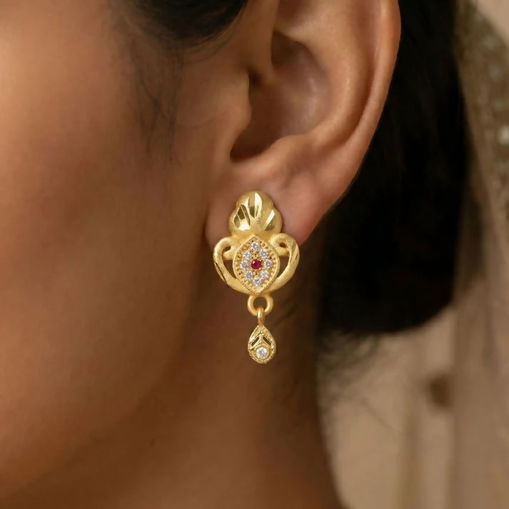 Gold Stud Earrings with Ethnic Floral Motif and...