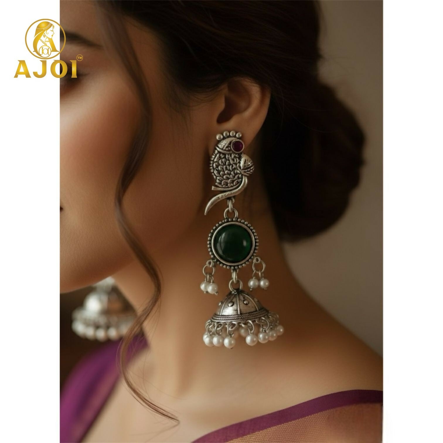 Peacock Jhumka Earrings – Handcrafted Antique Silver with... - Image 2