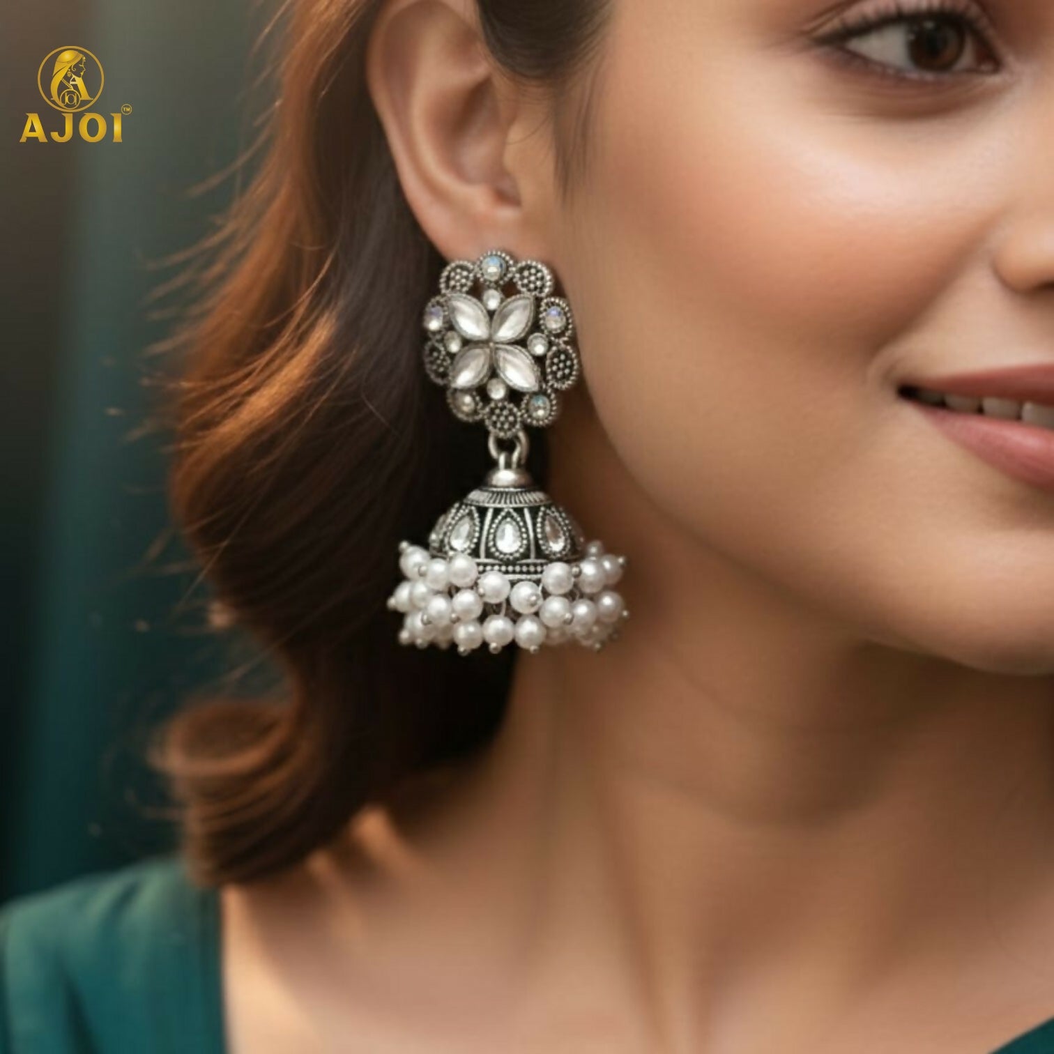 Silver Oxidized Floral Jhumka Earrings – Elegant Pearl... - Image 2