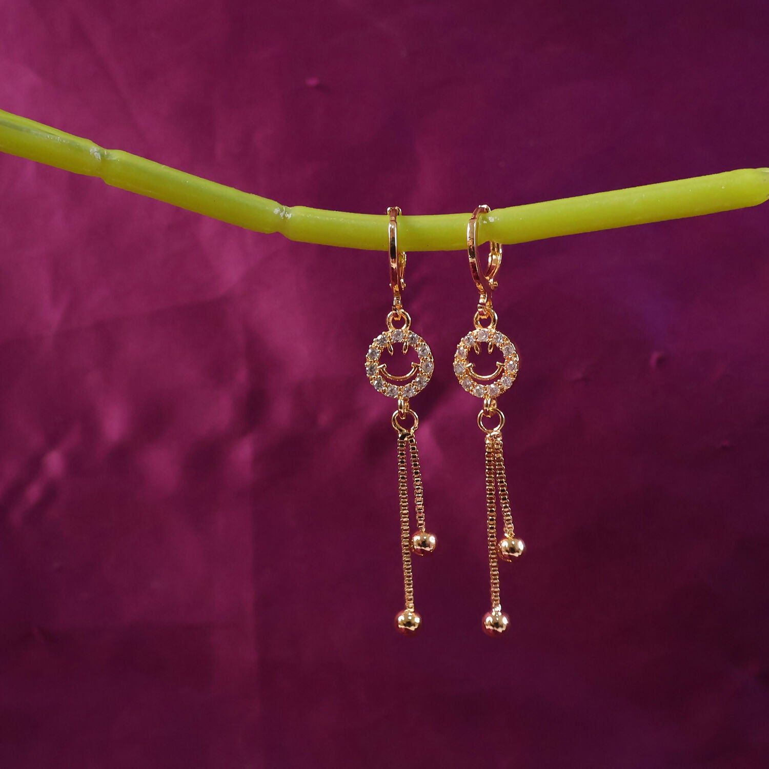 Gold-Tone Smiley Crystal Tassel Drop Earrings – Elegant... - Image 2