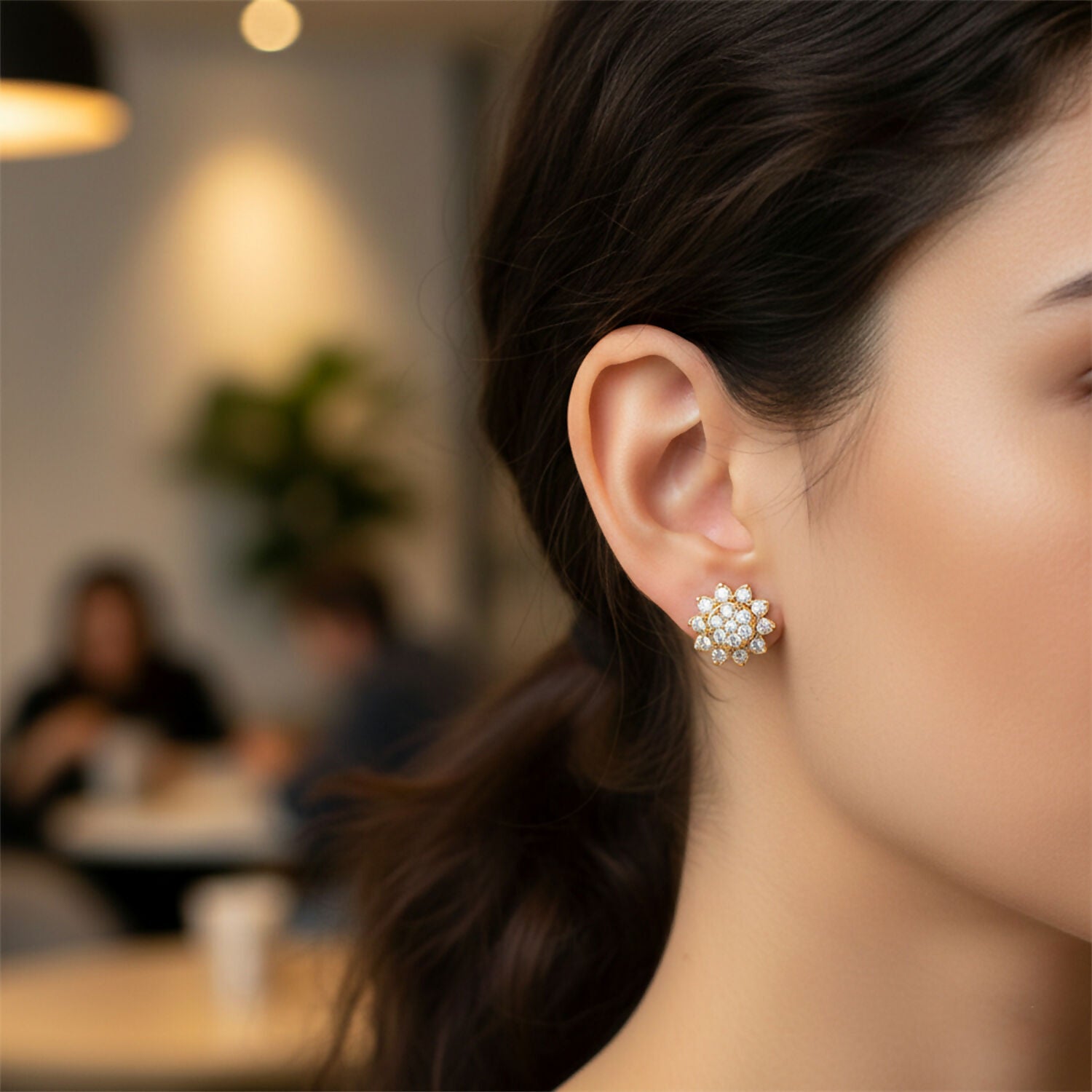 Floral CZ Stud Earrings – Elegant Gold Tone... - Image 2