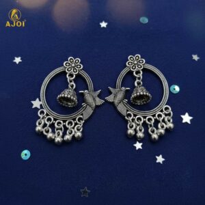 Oxidized Silver Chandbali Earrings – Regal Bird Motif...