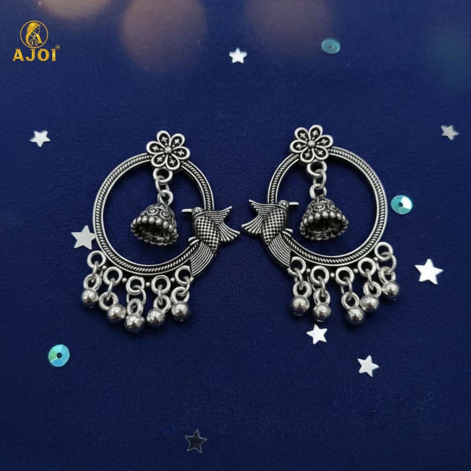 Oxidized Silver Chandbali Earrings – Regal Bird Motif...