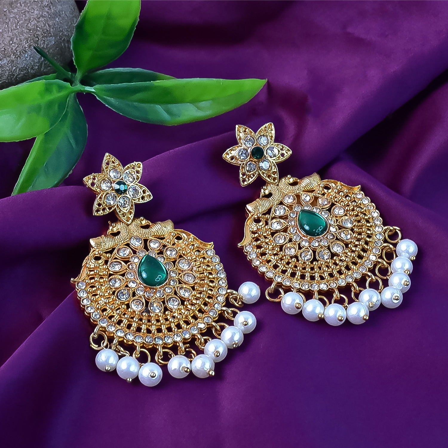 Peacock Design American Diamond Pearl Earrings – Elegant...