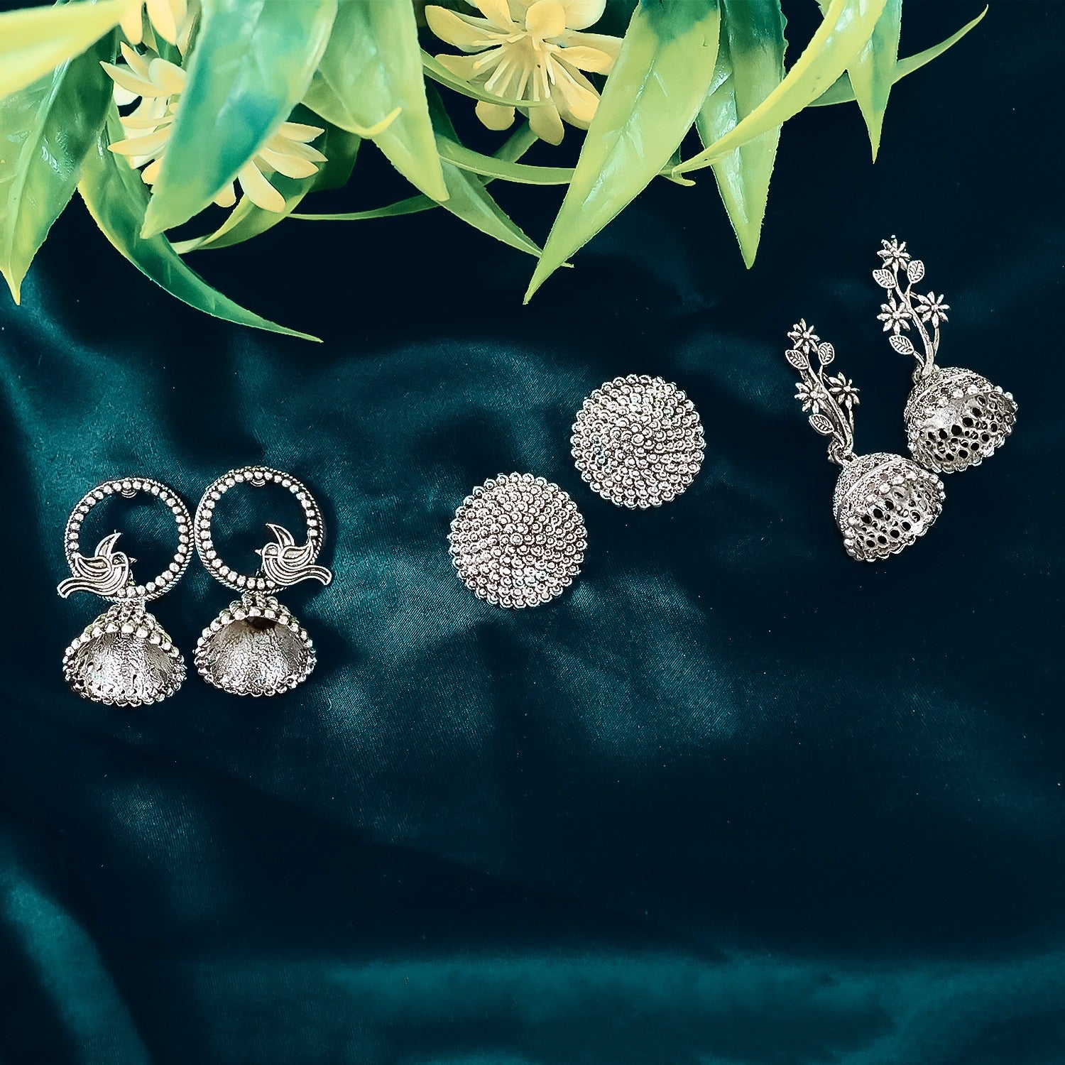 Silver Oxidised Jhumka Earrings - Combo of 3...
