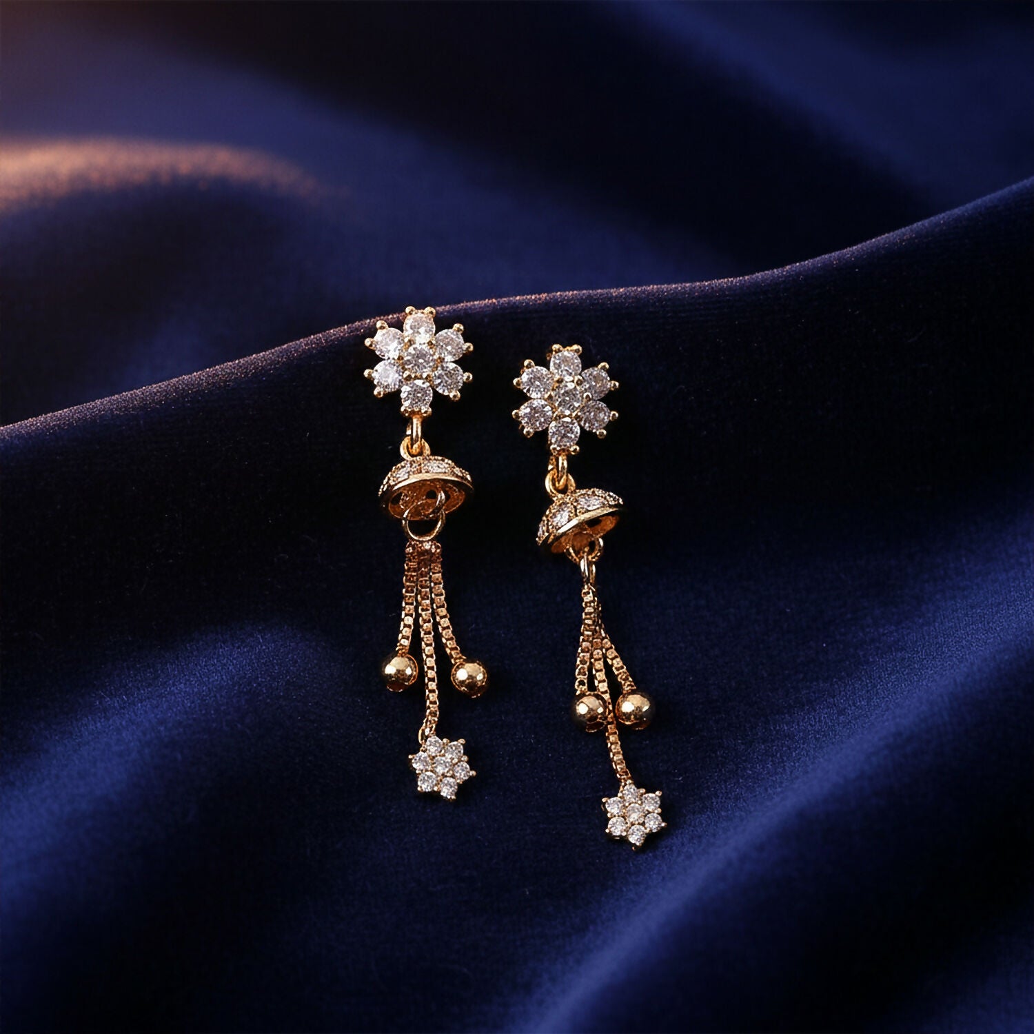 Floral Crystal Drop Earrings – Elegant Gold Chain... - Image 2