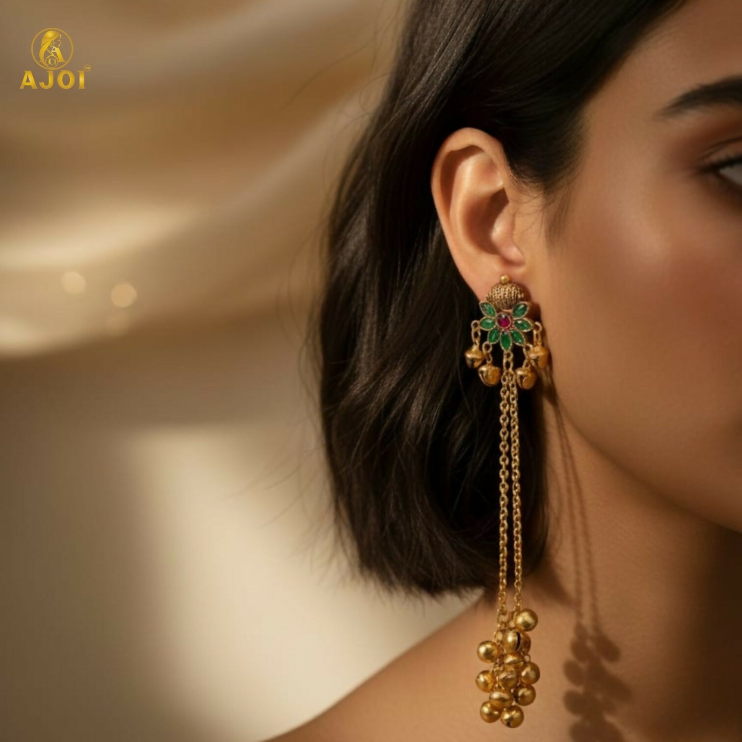 Floral Stud Ghungroo Jhumki Earrings – Long Drop... - Image 2