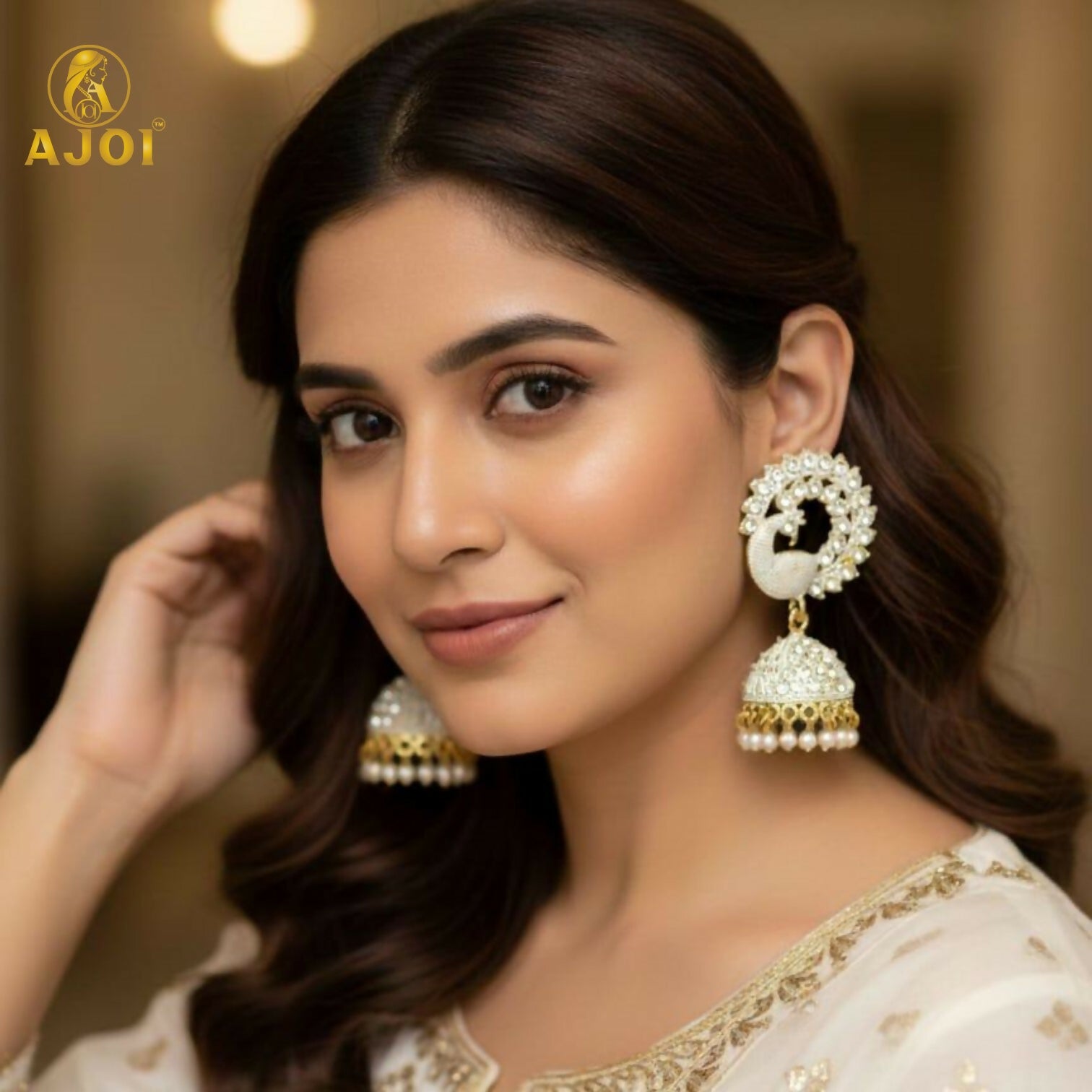 White Stone Pearl Jhumka Earrings – Elegant Festive... - Image 2