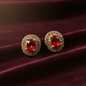 Red Stone Stud Earrings – Elegant Crystal Halo...