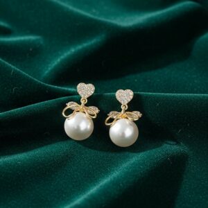 Heart Crystal Pearl Bow Earrings – 14K Gold...