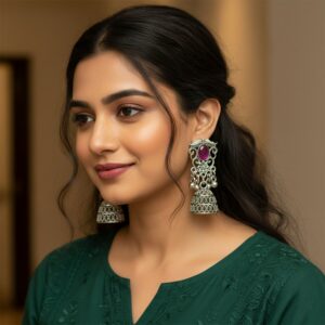 Silver Jhumka Earrings – Traditional Pink Stone &...