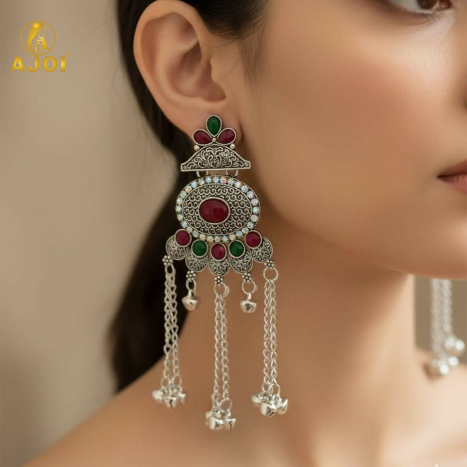 Kashmiri Oxidised Silver Long Earrings – Ethnic Floral... - Image 2