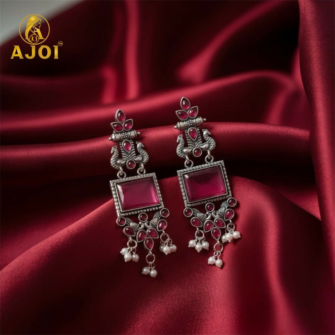 Antique Silver Earrings with Pink Square Beads and...