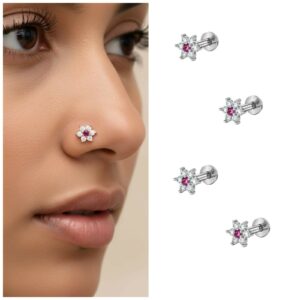 Pink Crystal Flower Nosepin Studs – Silver Plated…