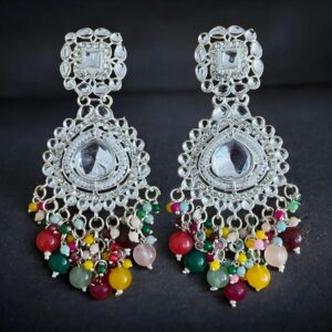 Oxidized Silver Chandbali Earrings – Multicolor Bead Drops
