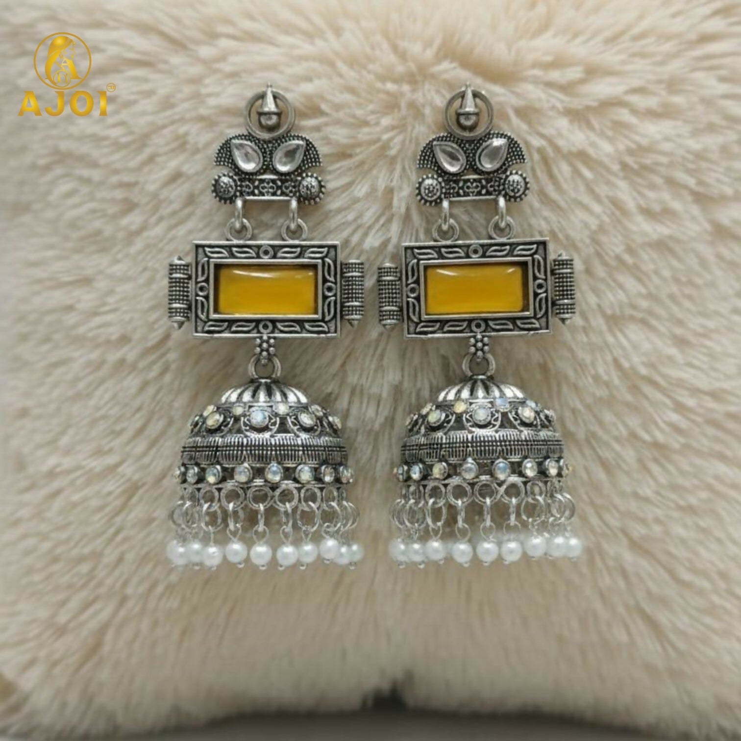 Oxidized Silver Jhumka Earrings – Traditional Yellow Ston...