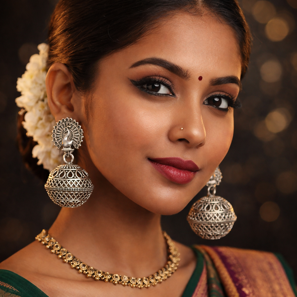 Oxidised Silver Jhumka Earrings – Elegant Peacock Design - Image 2