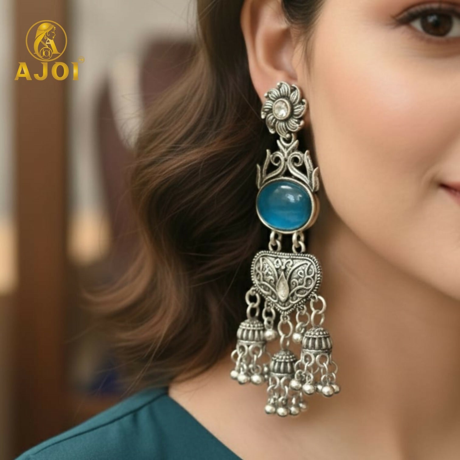 Oxidized Silver Turquoise Jhumka Earrings – Intricate Fil... - Image 2
