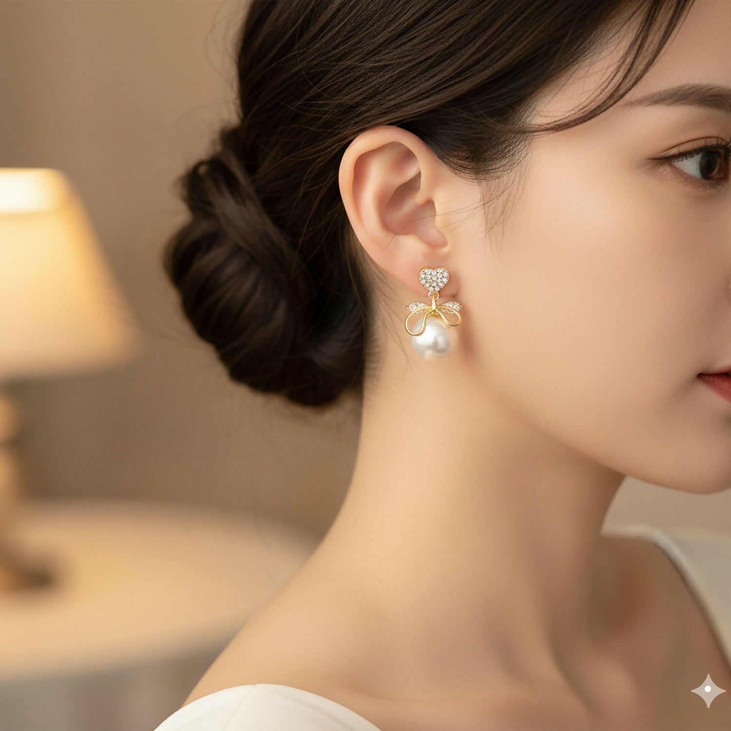 Heart Crystal Pearl Bow Earrings – 14K Gold... - Image 2
