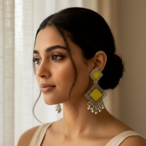 Oxidised Dangler Earrings – Traditional Indian Yellow Mon...