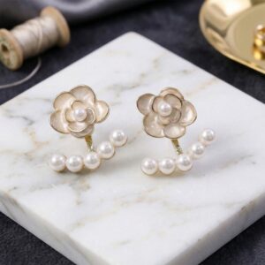 White Camellia Rose Pearl Ear Jackets – Elegant...