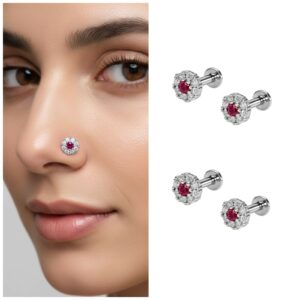 Ruby Halo Nose Pin – Elegant Silver Plated…