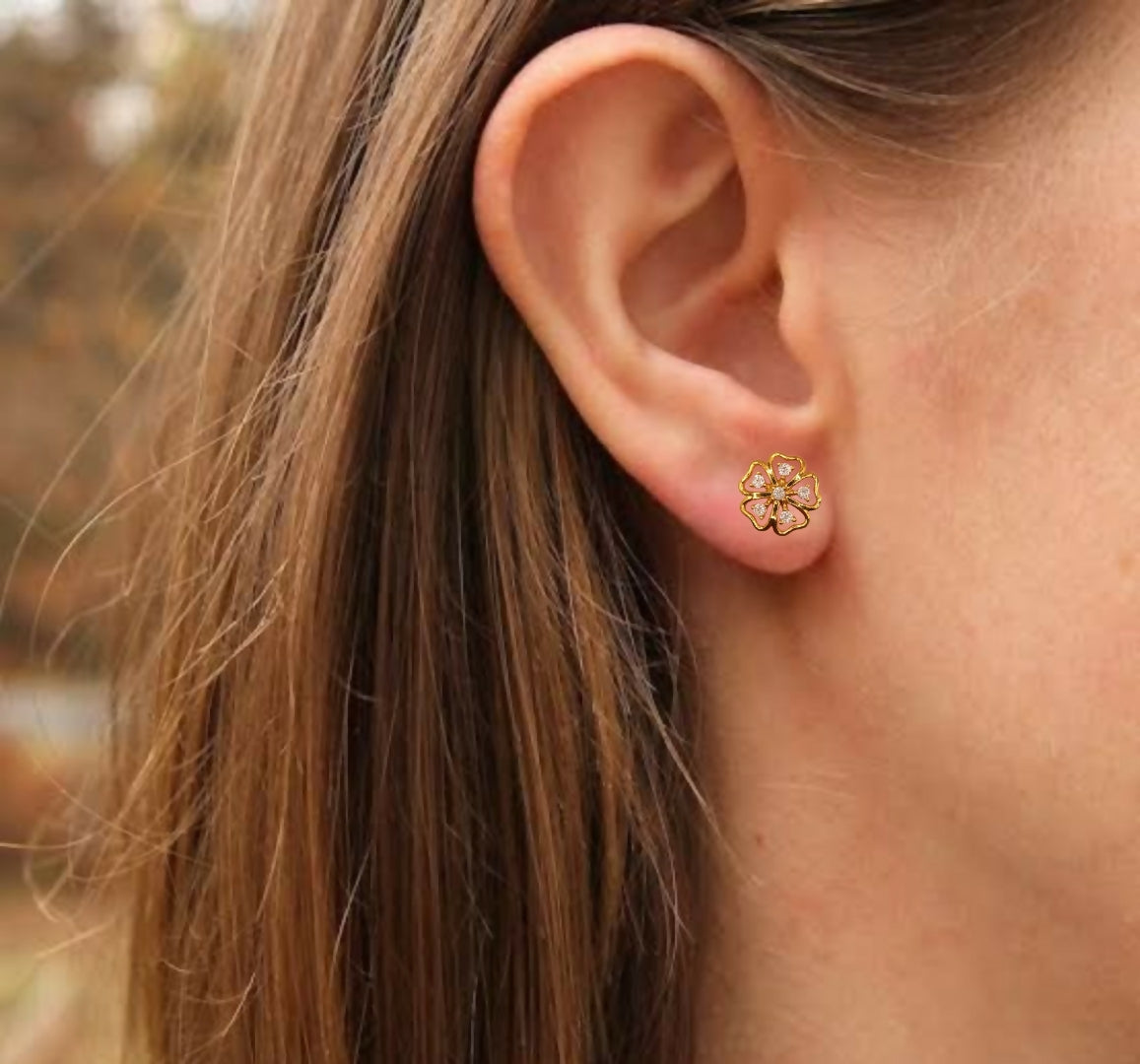 Gold-Plated Flower Stud Earrings – Elegant Pink Cubic... - Image 2