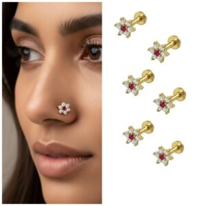 Gold Plated Ruby Flower Nosepin Studs – Set…