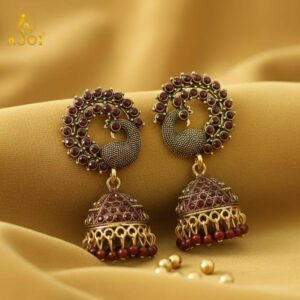 Peacock Jhumka Earrings – Royal Maroon Antique Gold...