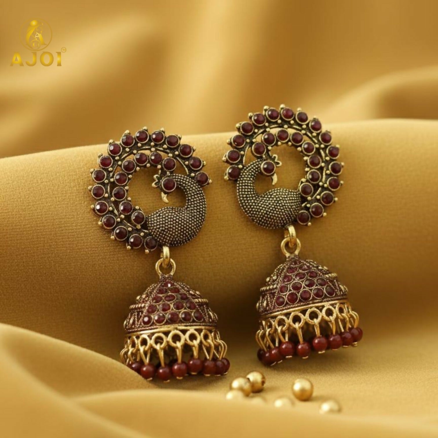 Peacock Jhumka Earrings – Royal Maroon Antique Gold...