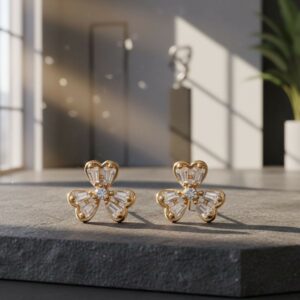 Floral CZ Stud Earrings – Elegant Gold Finish...