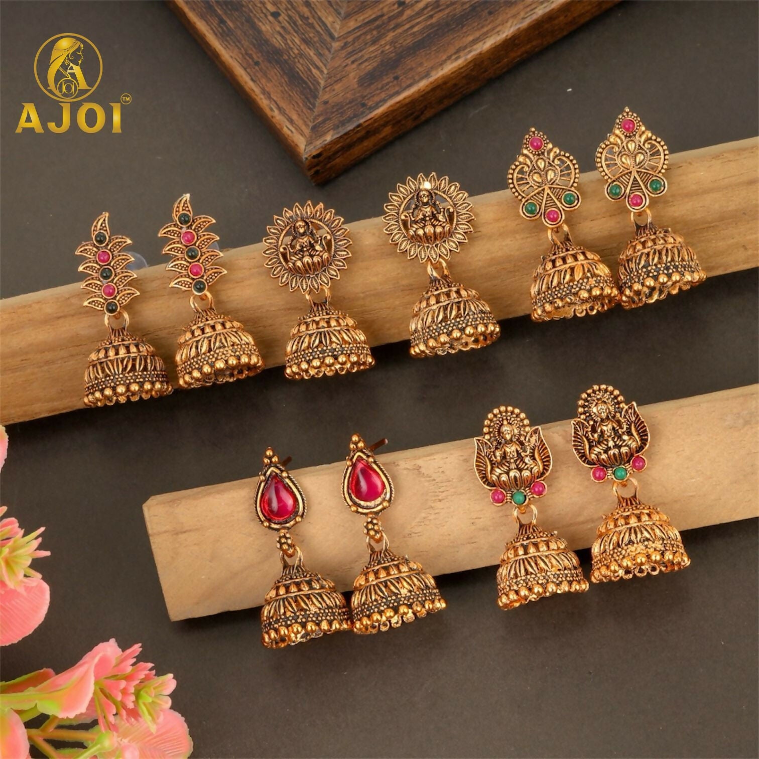 Temple Jhumka Earrings Set – Traditional Antique Gold-Pla...