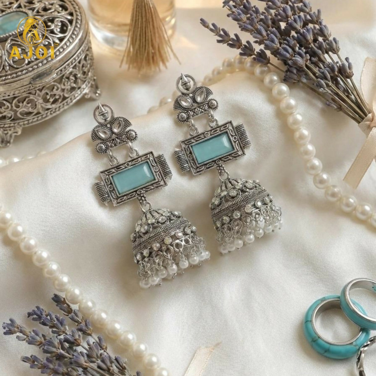 Oxidized Silver Jhumka Earrings – Hand-Carved Aqua Stone...