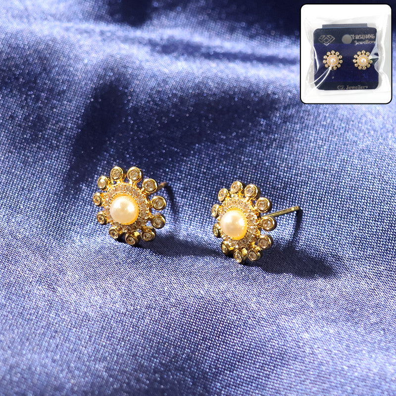 Pearl Floral Stud Earrings – Elegant Gold Finish...