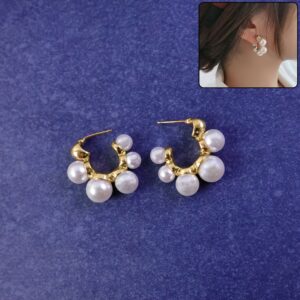 Pearl Cluster Hoop Earrings – Korean Style Gold...